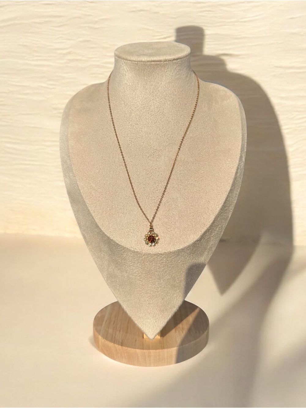 Sarah Coventry Gold-Tone Necklace with Amber and Green Rhinestones Pendant